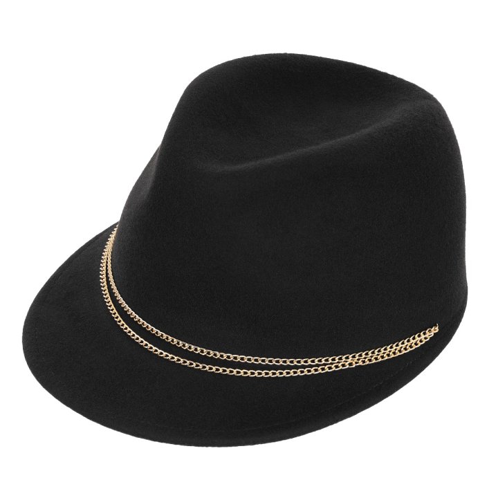Ladies cap black woolfelt, golden chain le szapo