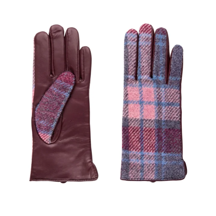 Burgundy Tweed and Leather Gloves